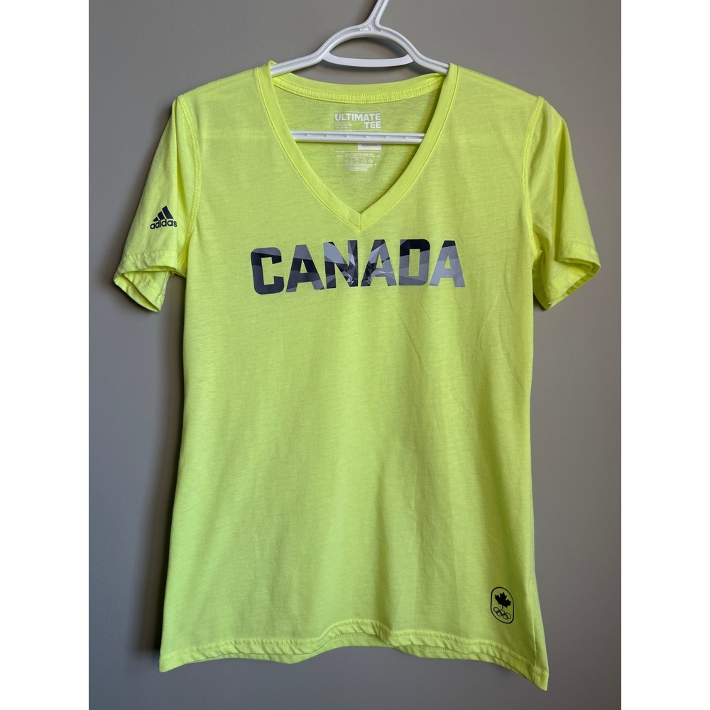 Adidas Canada Olympic Ultimate Tee Neon Yellow V-Neck Short Sleeve T-Shirt M